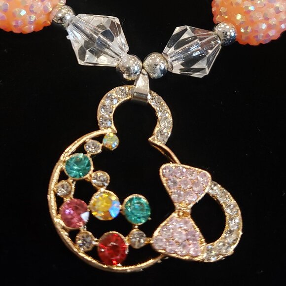 Adorable Pink Shades Bubblegum Beaded w/Gold Tone Colorful Rhinestone Necklace - Picture 4 of 13